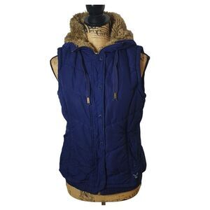 American Eagle Womens Hooded Vest M Blue Puffer Vest Faux Fur Hood